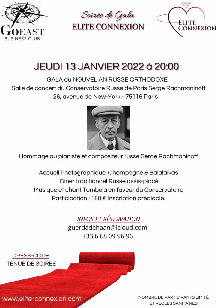 Affiche. Soirée de Gala du Nouvel An Orthodoxe. Hommage à Serge Rachmaninoff. Elite Connexion. Go East Business Club. 2023-01-13